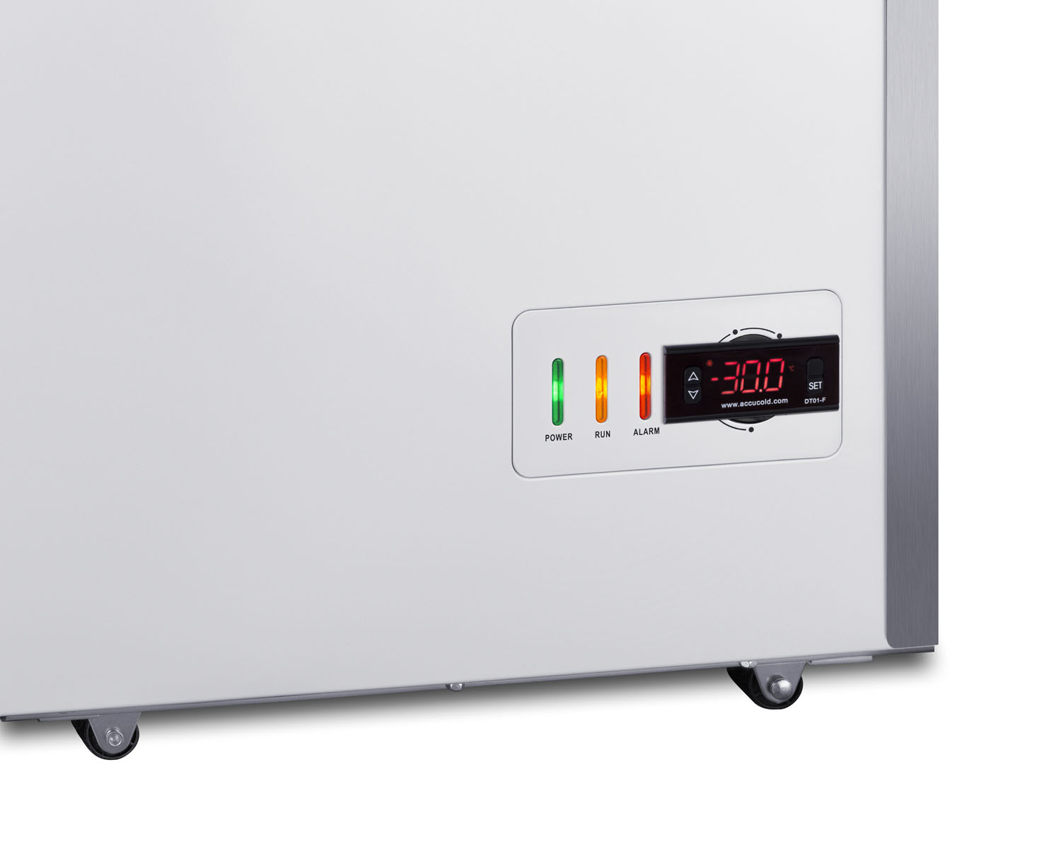 -30 C laboratory 12.1 cu.ft. chest freezer with stainless steel corner guards, NIST calibrated thermometer with alarm, and lock